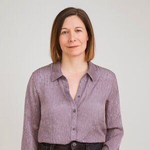 New York & Co Sheer Silk Blend Button-Up Blouse Long Sleeves Purple Gray Large